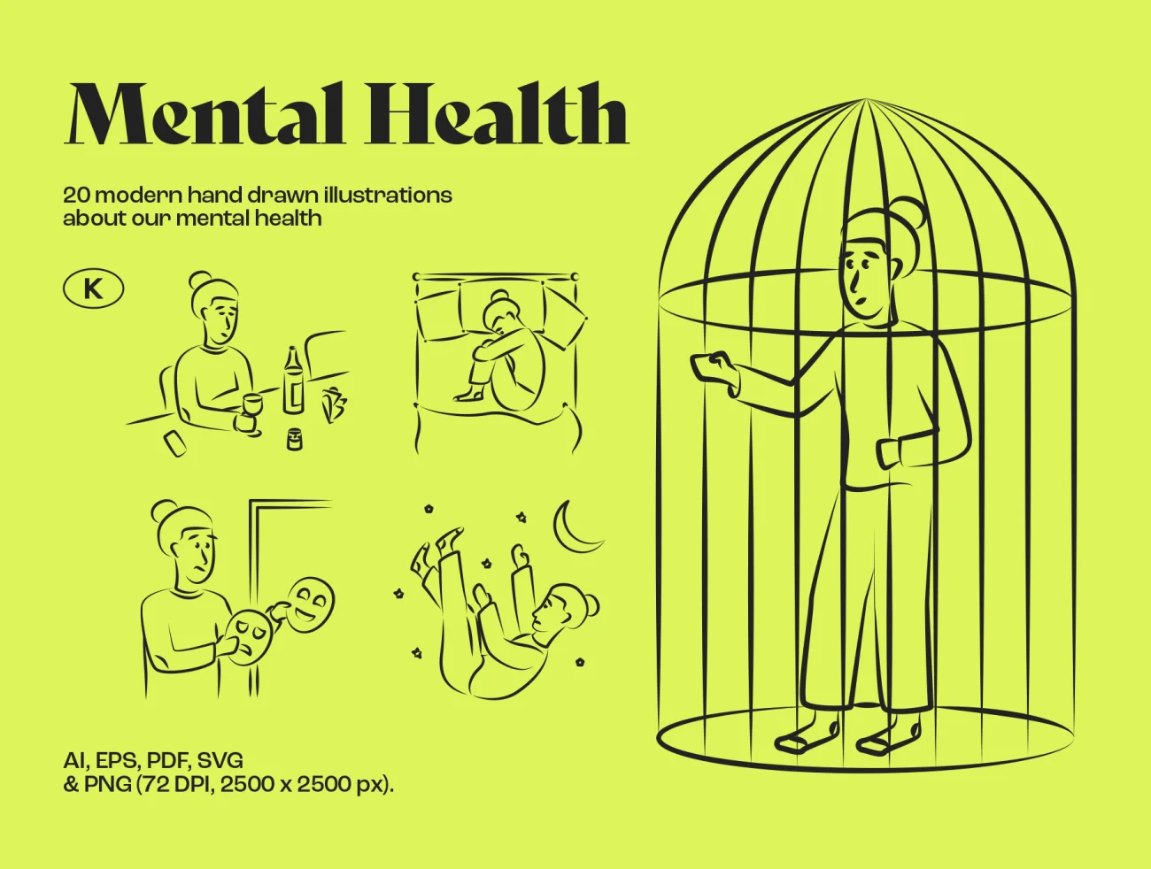 20副手绘现代风格精神健康问题矢量场景插图 Mental Health插图1