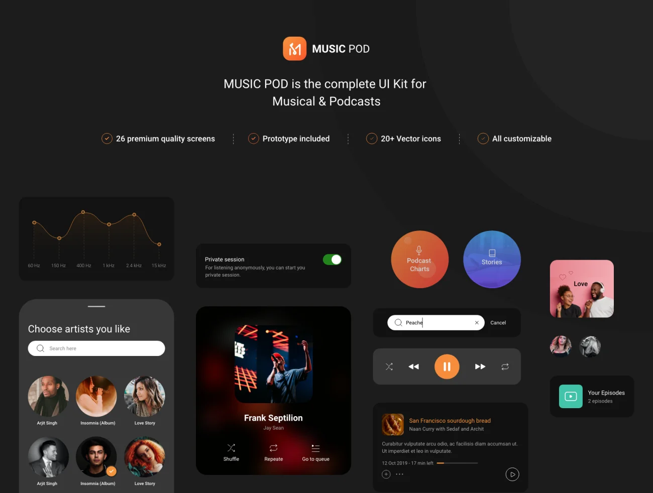 26屏完整版音乐和播客应用是设计套件工具包 MusicPod App – Complete UI Kit插图3