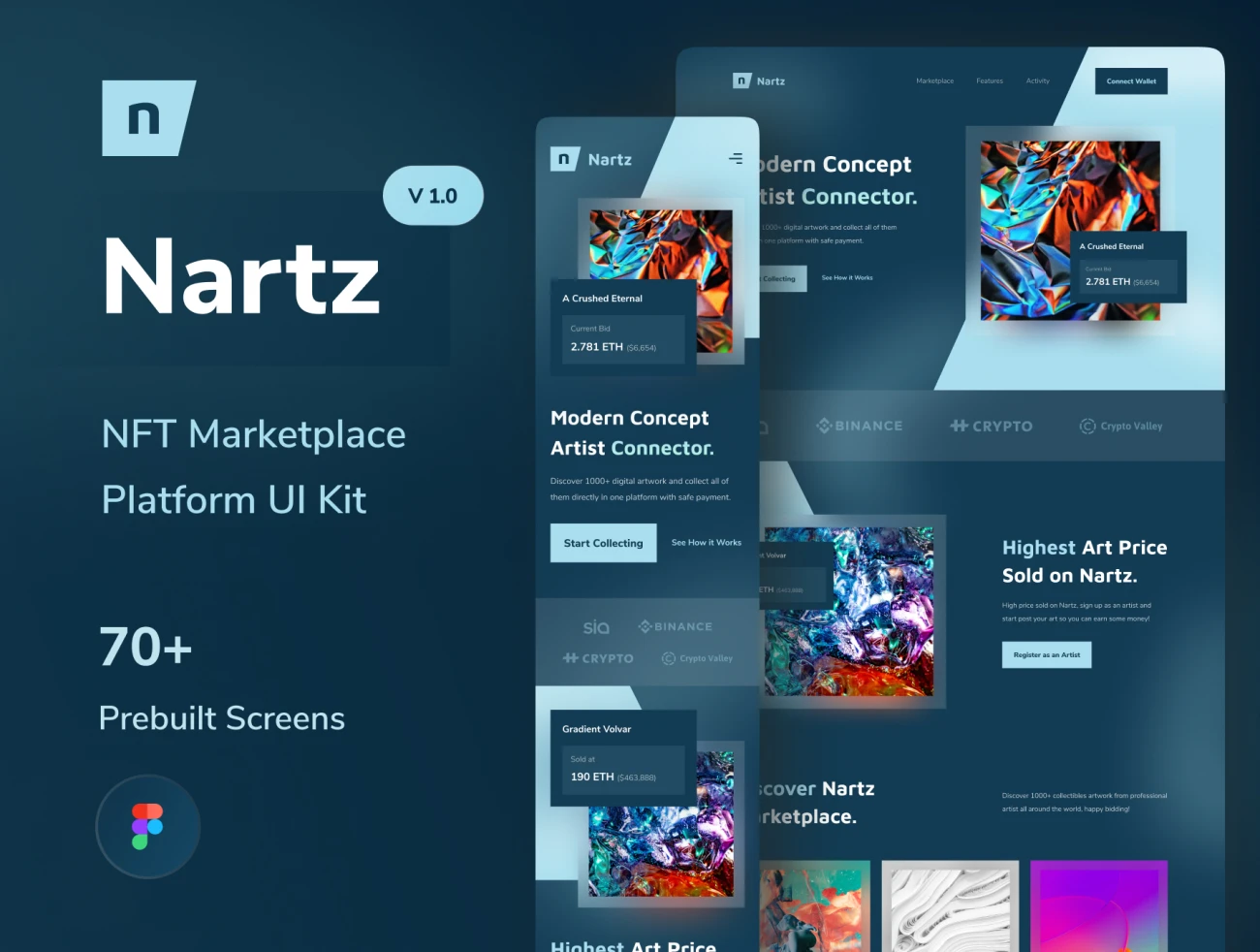 70屏响应式高质量非同质化虚拟货币平台用户界面设计套件 Nartz – NFT Marketplace UI Kit插图1