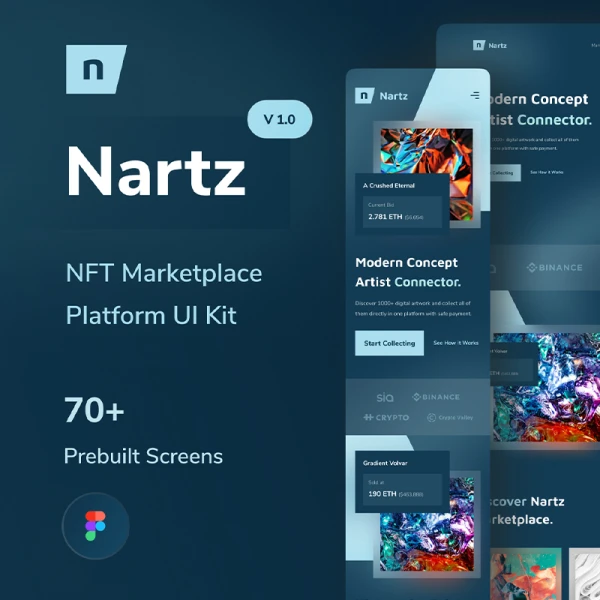 70屏响应式高质量非同质化虚拟货币平台用户界面设计套件 Nartz - NFT Marketplace UI Kit