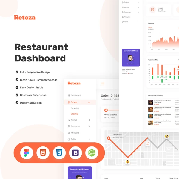 餐厅数据库可视化仪表台UI设计套件+bootstrap源码 Retoza - Restaurant Dashboard (Design + Code)
