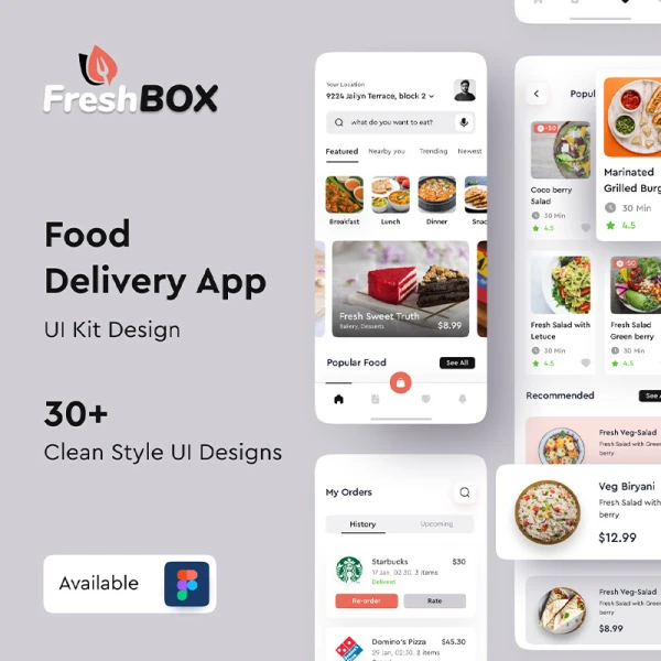 35屏高级简约现代订餐应用 UI 套件 FreshBox - Premium Food Order App UI Kit