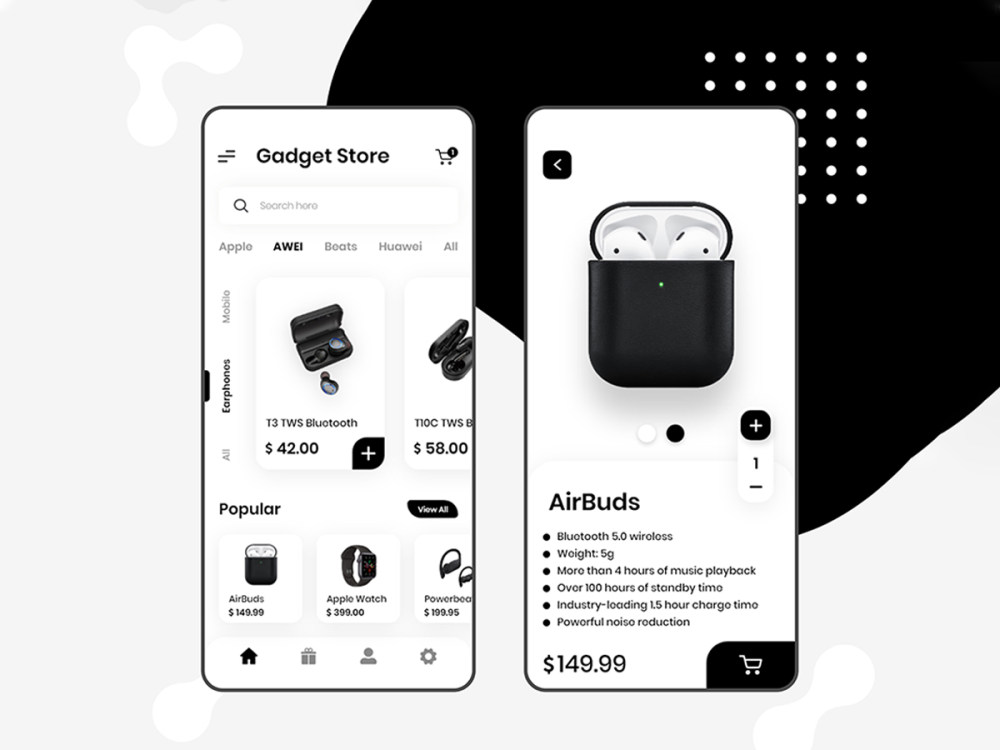 黑白简约风格电子产品网购应用 e-commerce-product checkout app ui kit design temmplate插图1