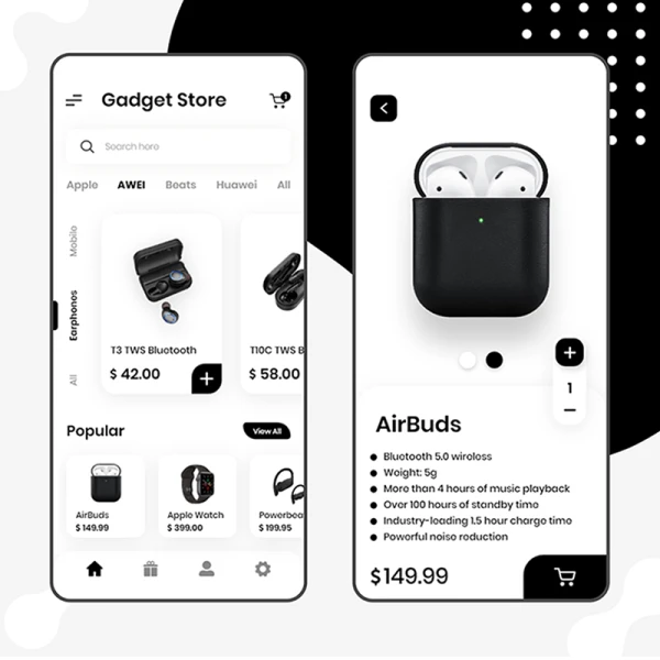 黑白简约风格电子产品网购应用 e-commerce-product checkout app ui kit design temmplate