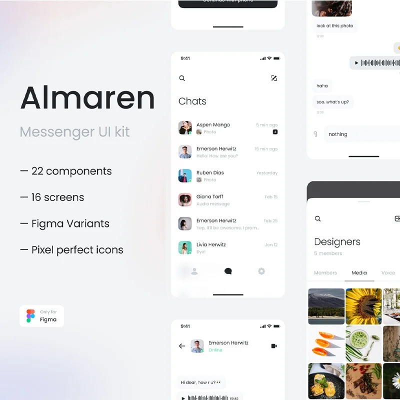 16屏Figma通讯沟通应用 iOS UI 套件 Almaren- Messenger UI Kit缩略图到位啦UI
