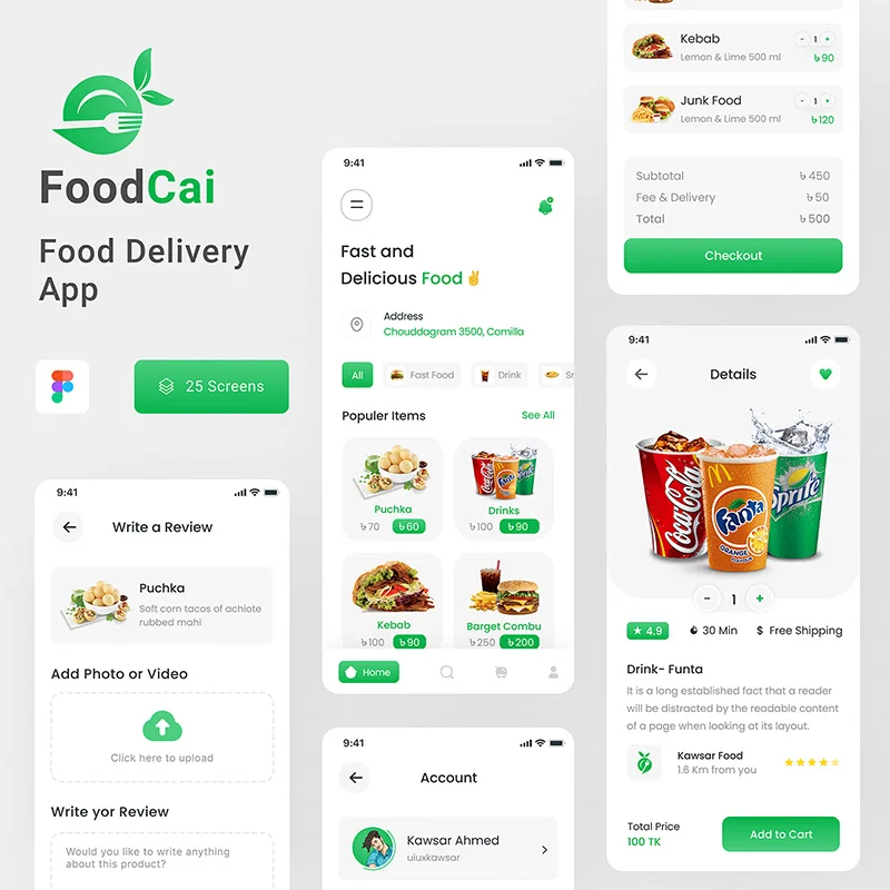 50个外卖点餐配送手机应用套件 FoodCai - Food Delivery Mobile App缩略图到位啦UI