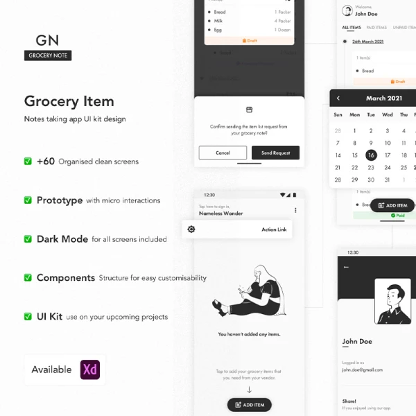 备忘录日记笔记应用UI 设计工具包 Grocery Note - UI Kit