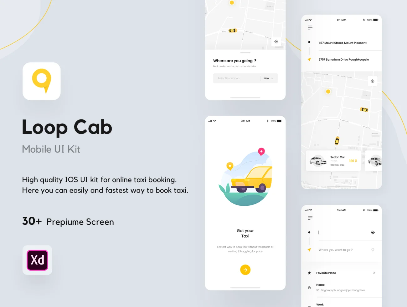 30屏手机出租车预订应用UI用户界面设计套件 Loop Cab – Cab Booking App UI Kit插图1