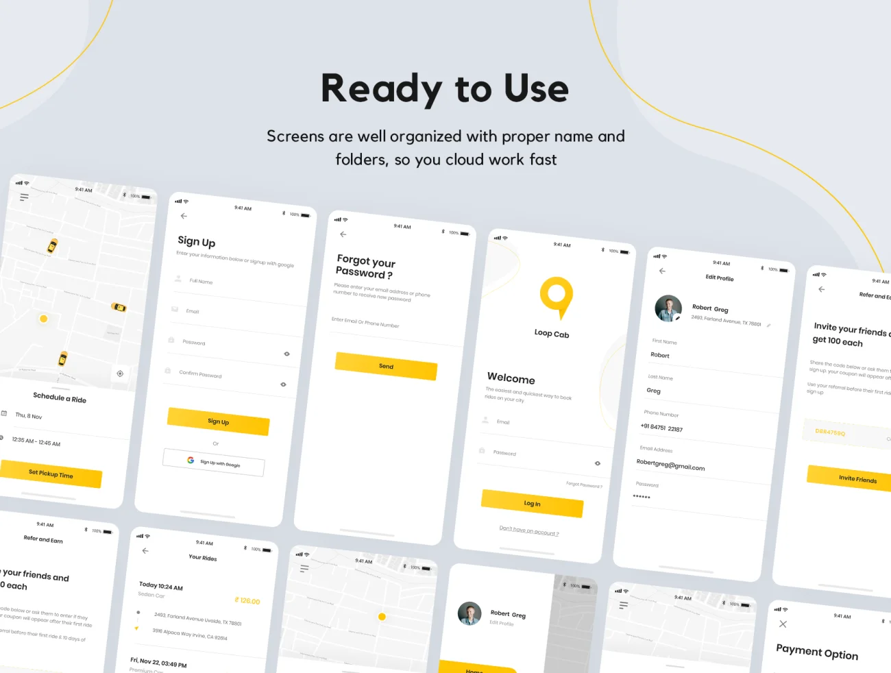30屏手机出租车预订应用UI用户界面设计套件 Loop Cab – Cab Booking App UI Kit插图7