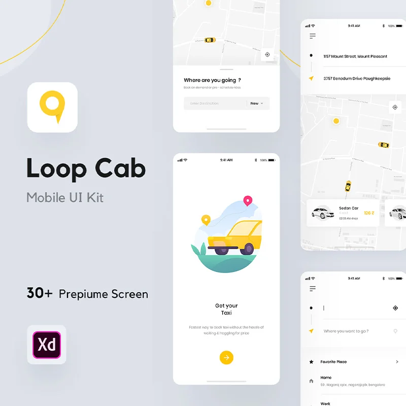 30屏手机出租车预订应用UI用户界面设计套件 Loop Cab - Cab Booking App UI Kit缩略图到位啦UI
