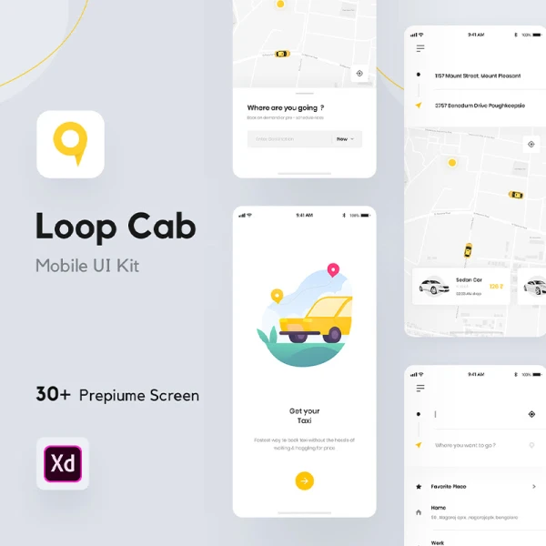 30屏手机出租车预订应用UI用户界面设计套件 Loop Cab - Cab Booking App UI Kit