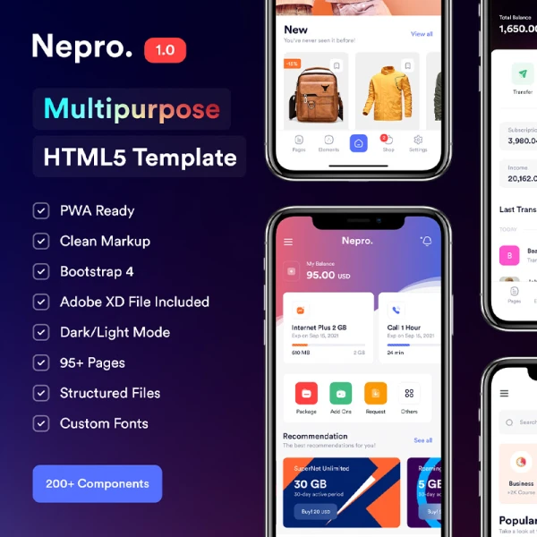 多用途多功能移动 HTML5 模板库支持渐进式 Web 应用程序开发 (PWA) 已就绪  Nepro - The Multipurpose Mobile HTML5 Template
