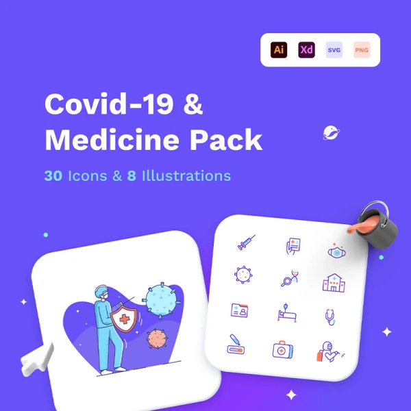30个新冠病毒医学医疗健康插图图标包 Covid and Medical Pack