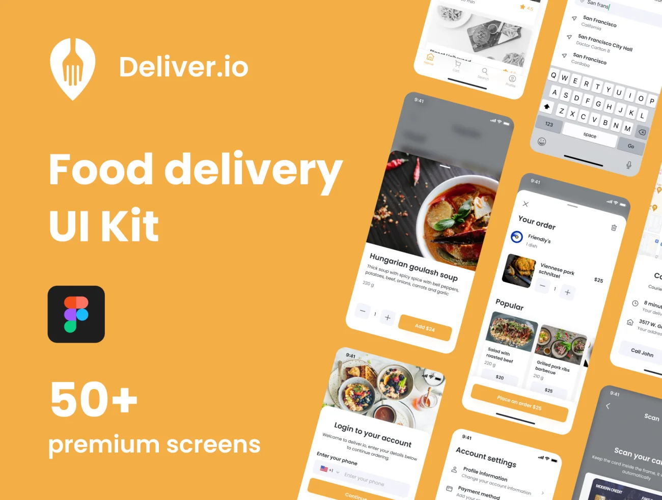 50屏幕完整版外卖食品配送移动应用设计套件 Deliver.io – Food Delivery Mobile App插图1