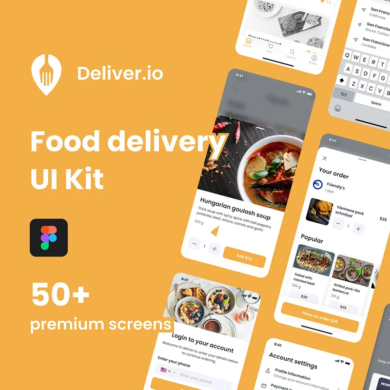 50屏幕完整版外卖食品配送移动应用设计套件 Deliver.io - Food Delivery Mobile App缩略图到位啦UI