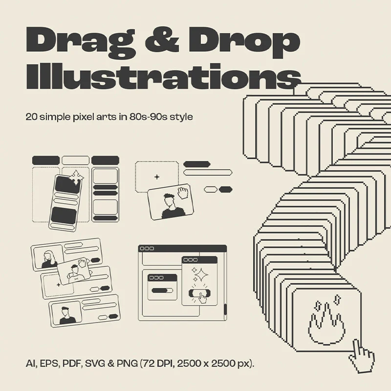 80-90 年代风格的 20 个简单像素化艺术风格拖入即用插图 Drag & Drop Illustrations插图17