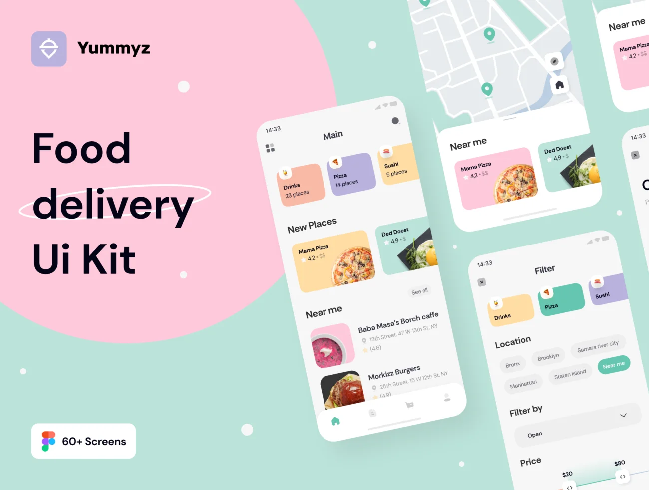 60屏外卖点餐食物配送 UI 套件+图标 Yummyz – Food Delivery UI Kit插图1