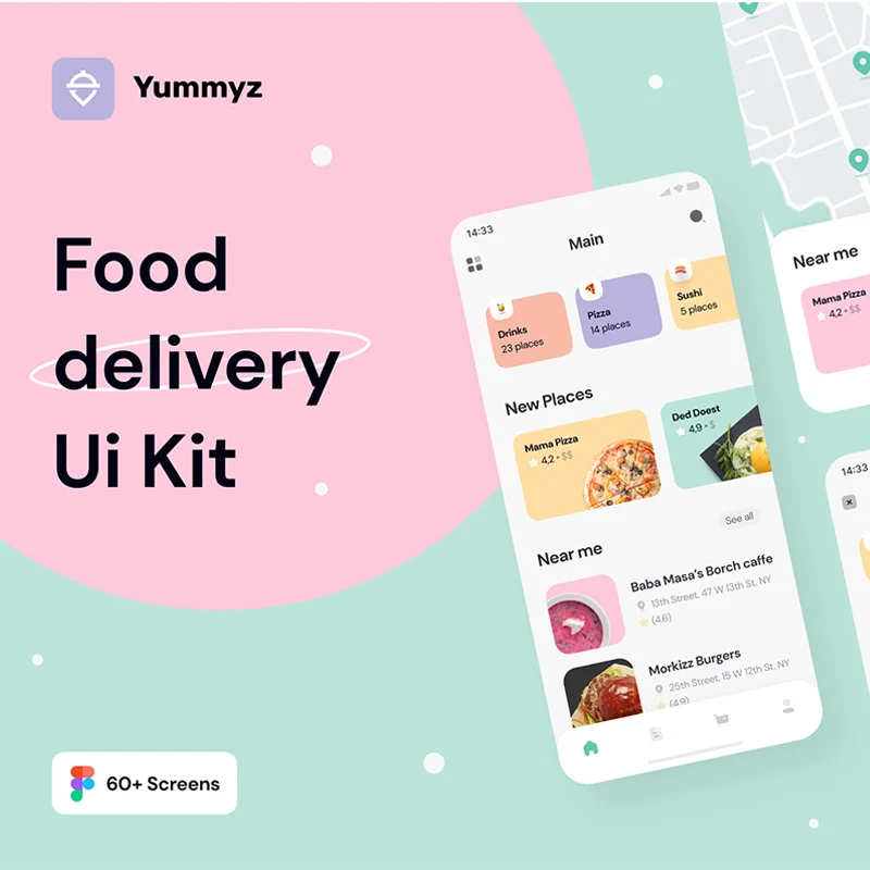 60屏外卖点餐食物配送 UI 套件+图标 Yummyz - Food Delivery UI Kit缩略图到位啦UI