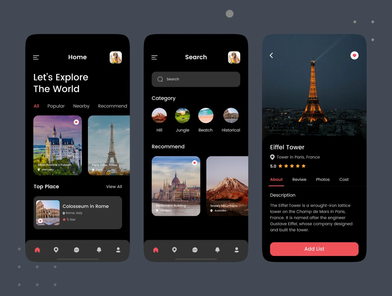 40屏简约现代风跟额旅行应用UI套件 Travel Mobile App UI Kit – dark + light插图7