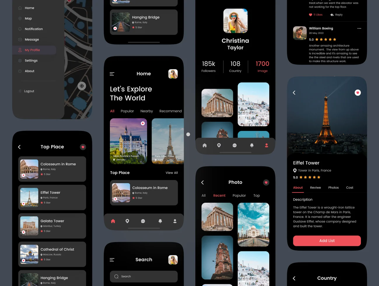 40屏简约现代风跟额旅行应用UI套件 Travel Mobile App UI Kit – dark + light插图15