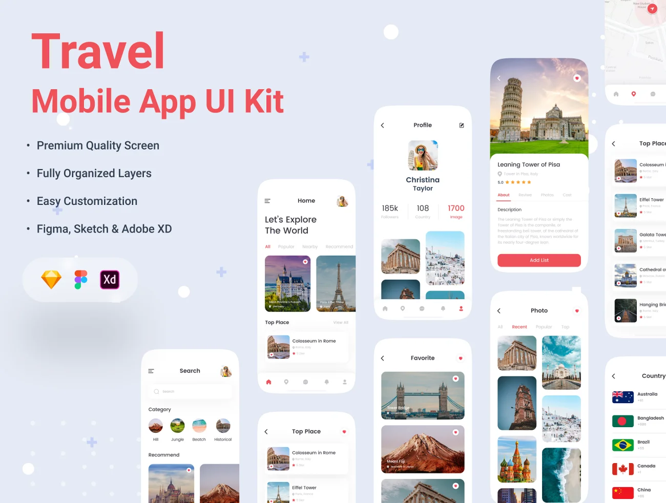 40屏简约现代风跟额旅行应用UI套件 Travel Mobile App UI Kit – dark + light插图1