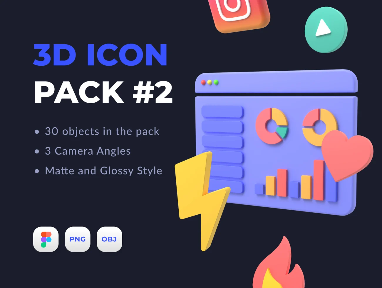 30个常用icon多彩多角度3D图标包合集2 3D Icon Pack #2插图1