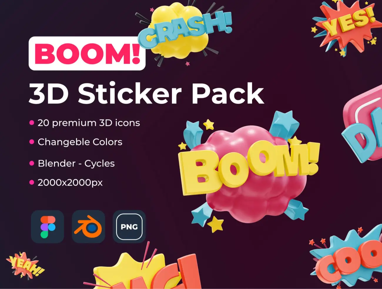 20款3D贴纸爆炸标立体对话框图标包 BOOM! 3D Sticker Pack插图1