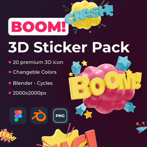 20款3D贴纸爆炸标立体对话框图标包 BOOM! 3D Sticker Pack