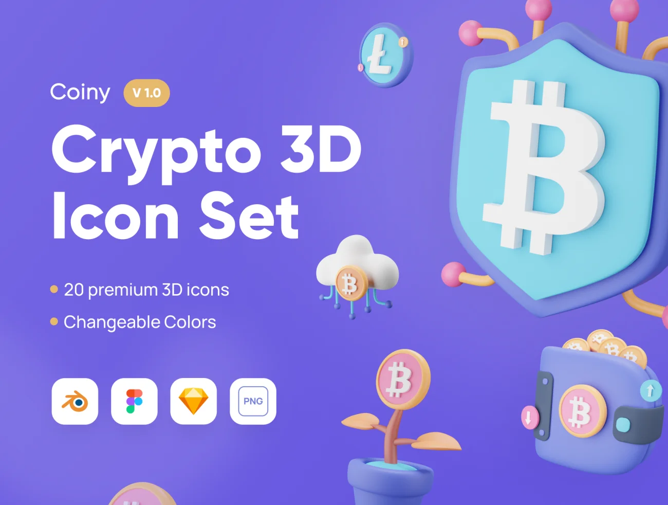 20款加密货币现代创意3D图标集 Coiny – Crypto 3D Icon Set插图1
