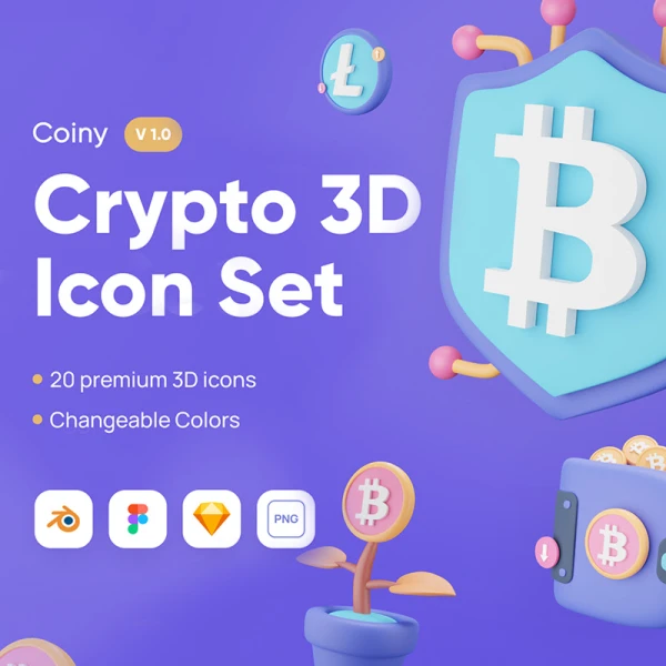 20款加密货币现代创意3D图标集 Coiny - Crypto 3D Icon Set