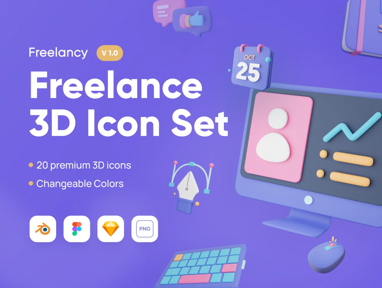 20款自由职业者远程办公3D图标集 Freelancy – Freelance 3D Icon Set插图1