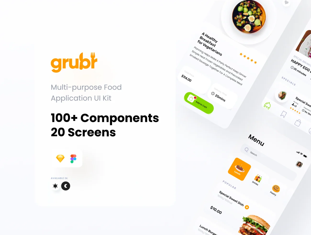 100款可重复使用的卡片式组件多用途食品外卖配送应用ui套件 Grubr Food Card UI Kit插图1