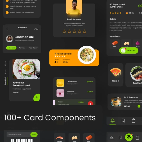 100款可重复使用的卡片式组件多用途食品外卖配送应用ui套件 Grubr Food Card UI Kit