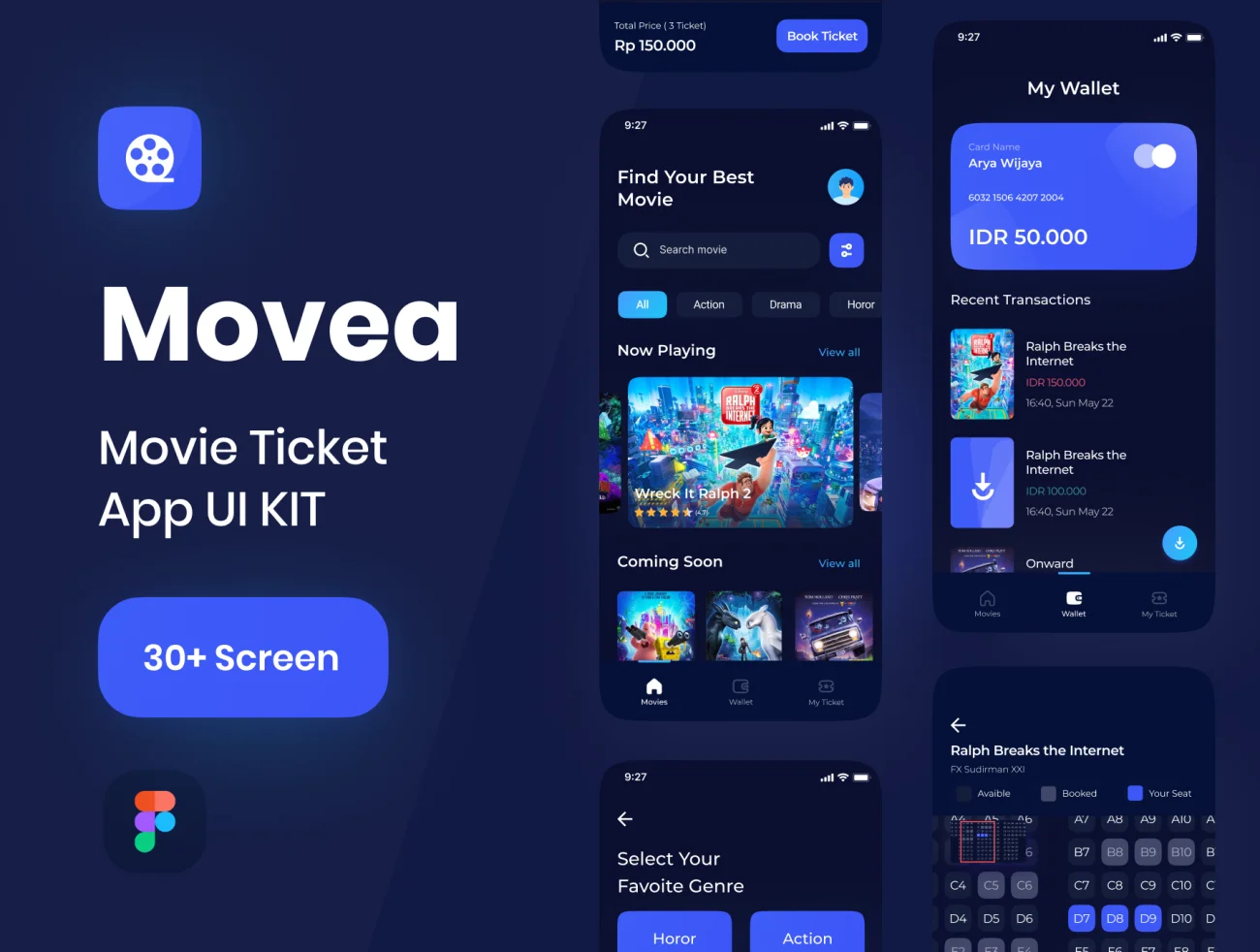 30屏电影购票应用 UI 套件 Movea – Movie Ticket App UI Kit插图1