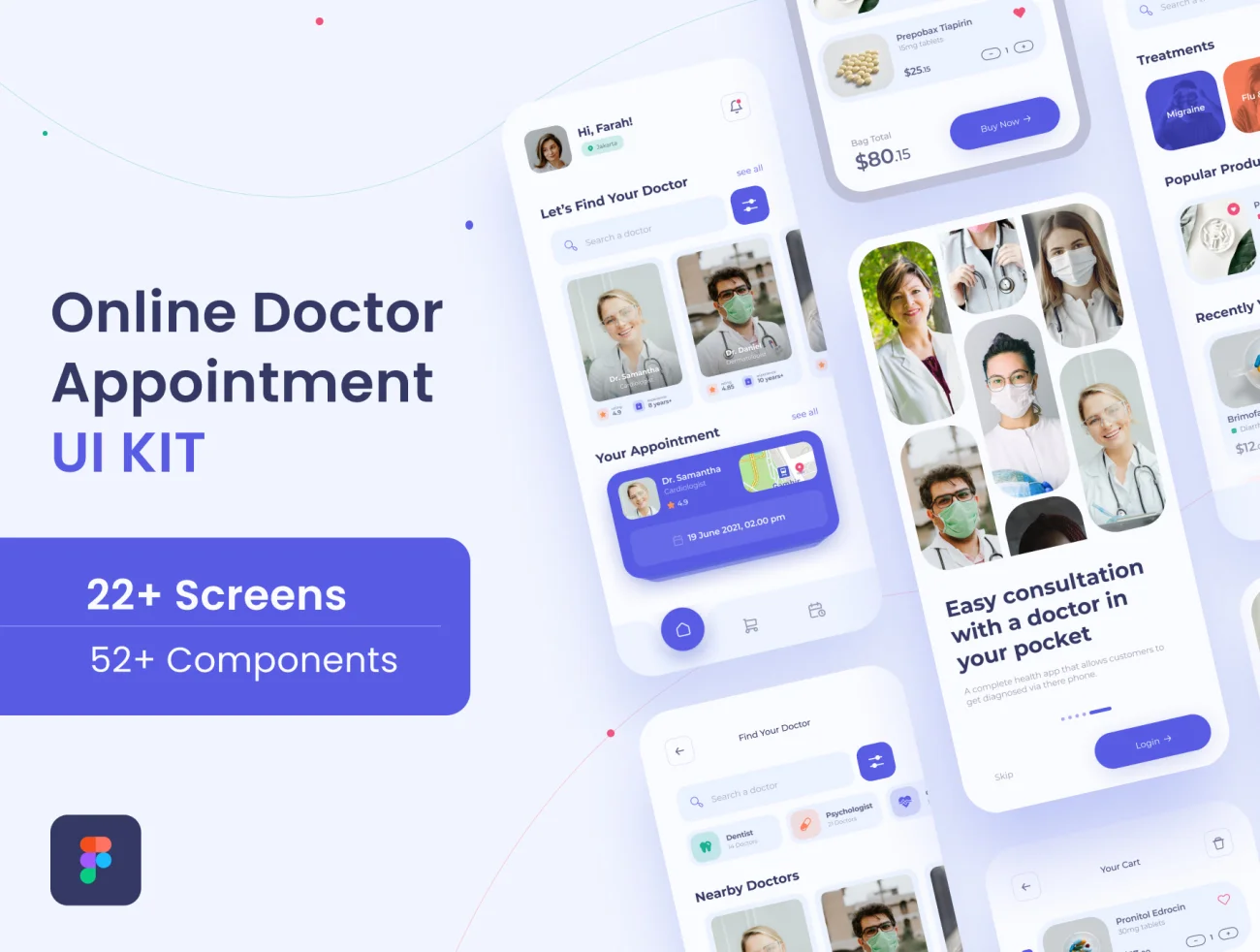 52屏在线医疗远程咨询应用程序 UI 套件 Online Doctor Consultation App UI Kit插图1