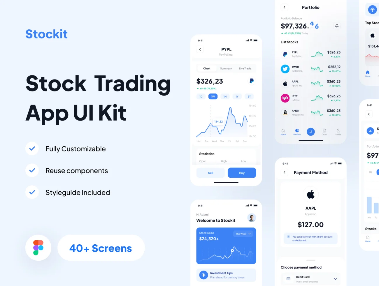 40屏股市股票交易应用 UI 套件 Stockit – Stock Market App UI Kit插图1