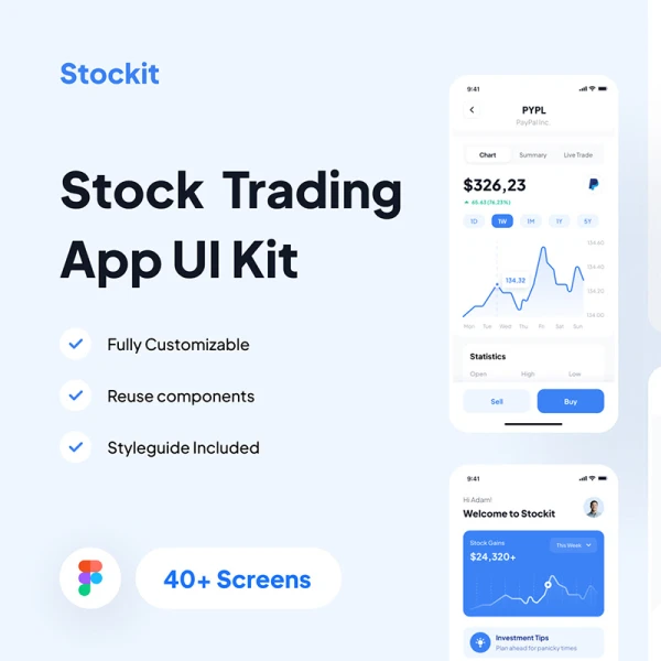 40屏股市股票交易应用 UI 套件 Stockit - Stock Market App UI Kit