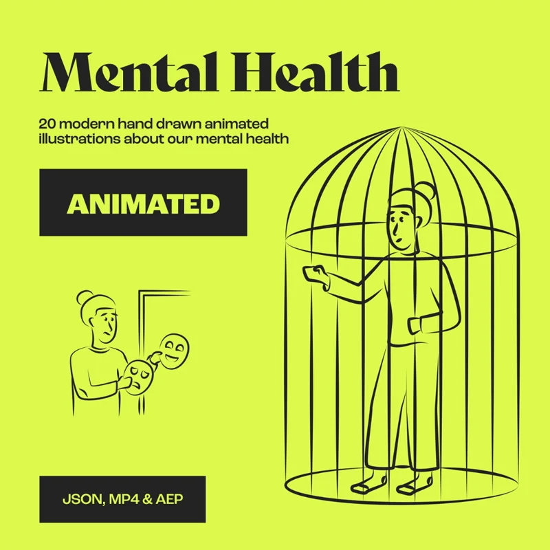 20幅心理健康现代手绘动画插图AE模板 Animated Mental Health缩略图到位啦UI