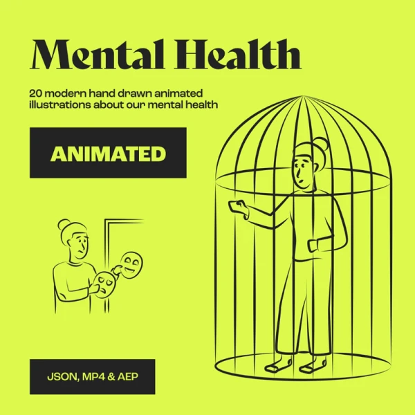 20幅心理健康现代手绘动画插图AE模板 Animated Mental Health