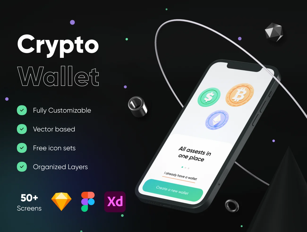50屏数字加密货币电子钱包IOS UI 套件 Crypto Wallet – IOS UI Kits插图1
