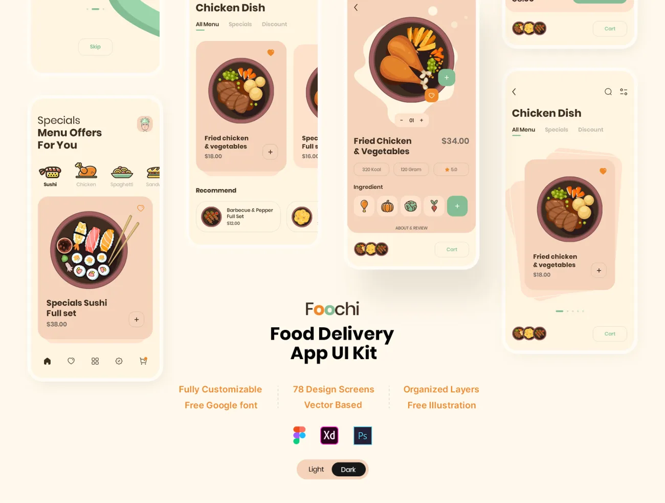 78屏外卖点餐配送应用 UI 套件 Foochi – Food Delivery App UI Kit插图1