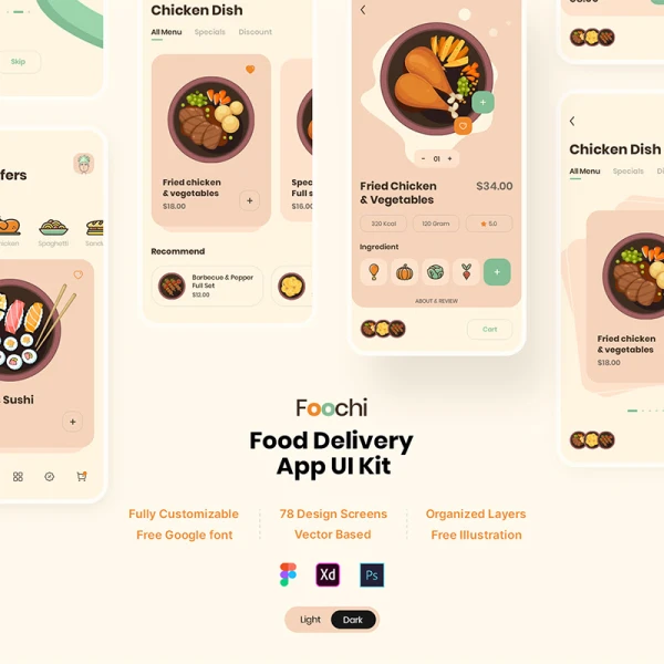 78屏外卖点餐配送应用 UI 套件 Foochi - Food Delivery App UI Kit