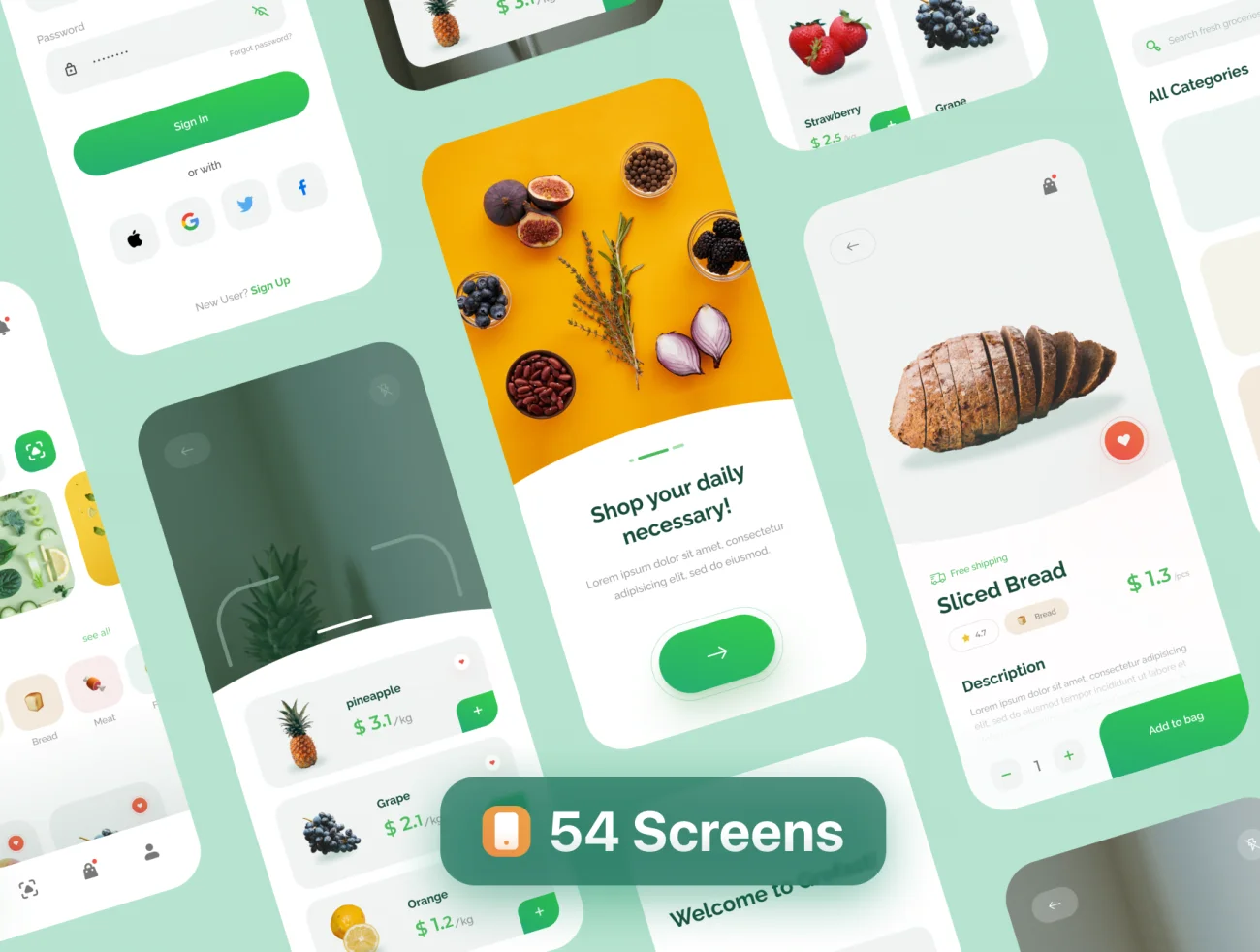 54屏在线生鲜蔬菜水果日常采购应用UI设计套件 Grofast – Online Grocery App UI Kit Light Mode插图5