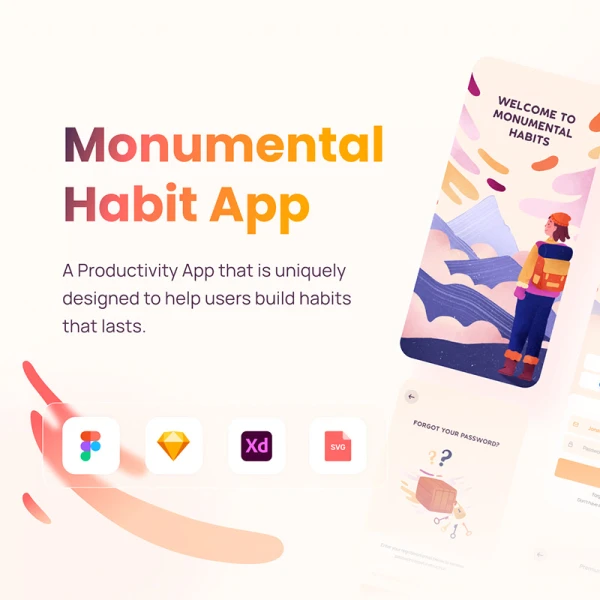 20屏拟物化通用着陆页登录注册UI组件包 Monumental Habit App - UI Kit