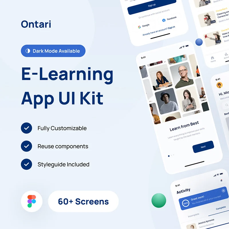 60屏网课在线学习应用 UI 套件 Ontari - E-Learning App UI Kit缩略图到位啦UI