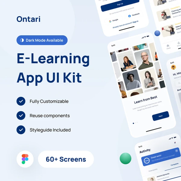 60屏网课在线学习应用 UI 套件 Ontari - E-Learning App UI Kit