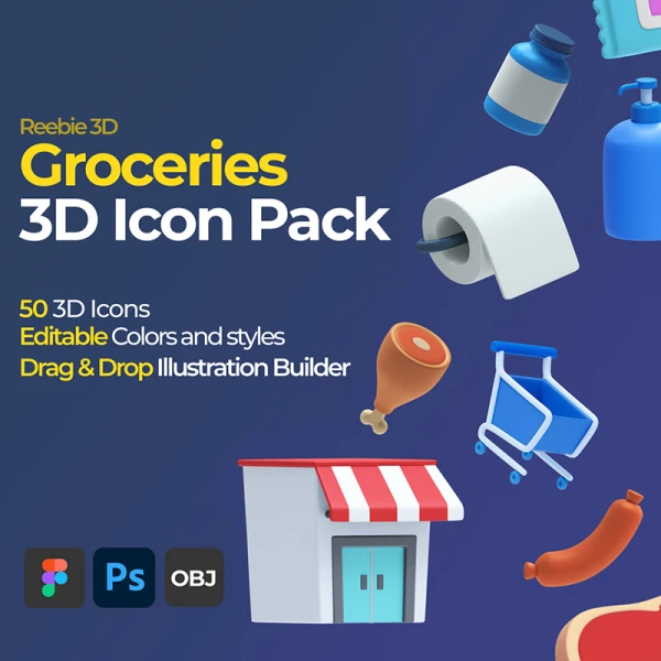 50个生鲜水果日用品生活物品采购3D图标 Reebie 3D Groceries Pack