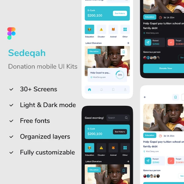 30屏现代简约风格慈善捐款手机应用UI 套件 Sedeqah - Donation mobile app UI Kit