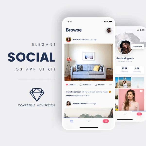 40屏社交 iOS 应用 UI 套件 Social App iOS UI Kit