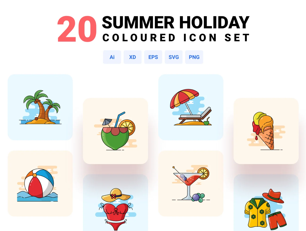 20款夏季假日旅游度假出行多彩图标合集 Summer holiday – Coloured icon set插图1